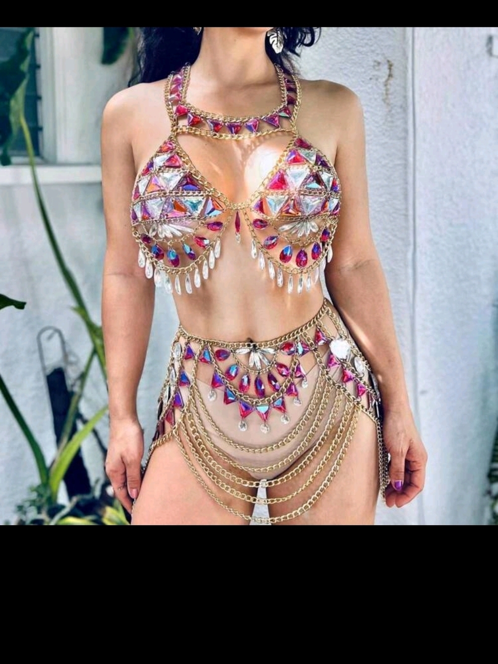 Crystal Embellished Gold Chain Bikini Set - Iridescent Pink Purple